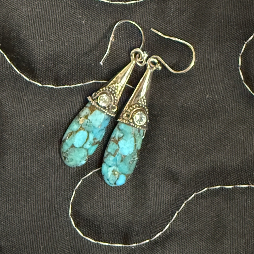 Blue Copper Turquoise Earrings, 925 Silver Findings, Wire Pierced